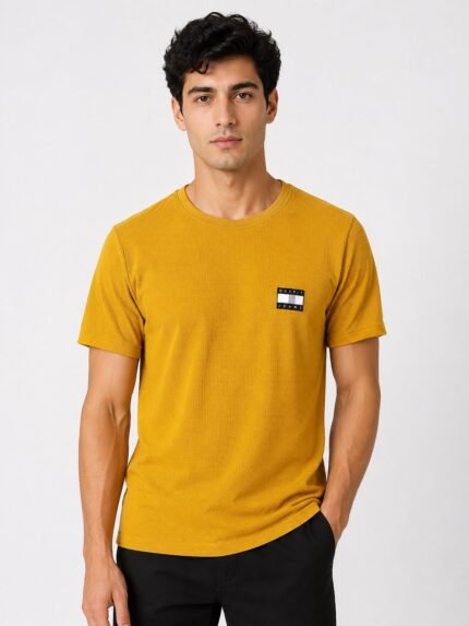 Yellow Plain Popcorn Half Tshirt for Men Summer