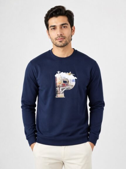 Dark Blue Printed Full Sleeve T-Shirt for Men Trendy Designs