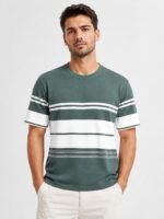 Green Stripe Half Tshirt For Men Fresh Casual Wear