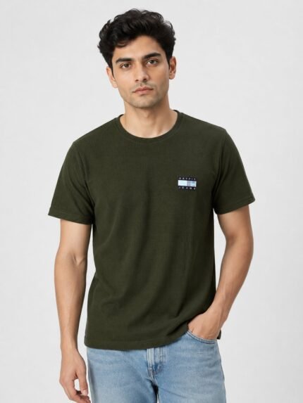 Dark Green Plain Popcorn Half Tshirt for Men Premium