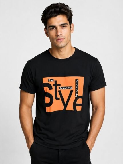Stylish Printed Black Half T-Shirt for Men