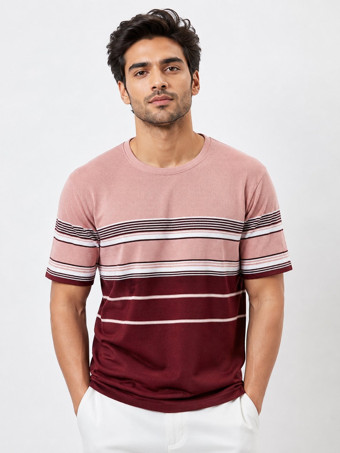 Pink Stripe Half Tshirt For Men Trendy Casual Pink Stripe Half Tshirt For Men Trendy Casual