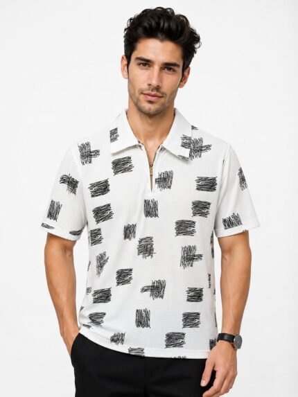 Printed White Zip Polo Half T-Shirt Trendy Street Style