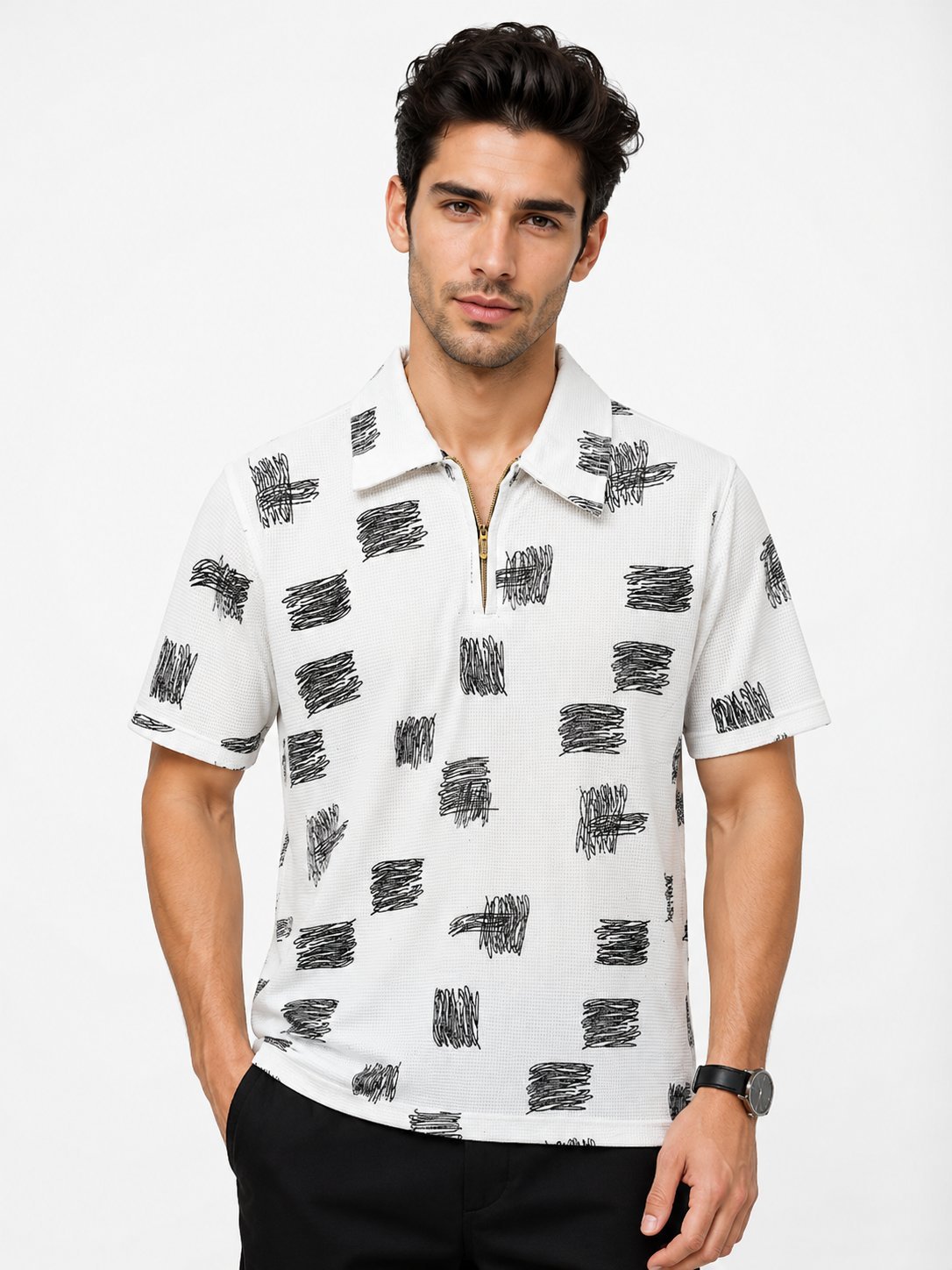 Printed White Zip Polo Half T-Shirt Trendy Street Style Printed White Zip Polo Half T-Shirt Trendy Street Style