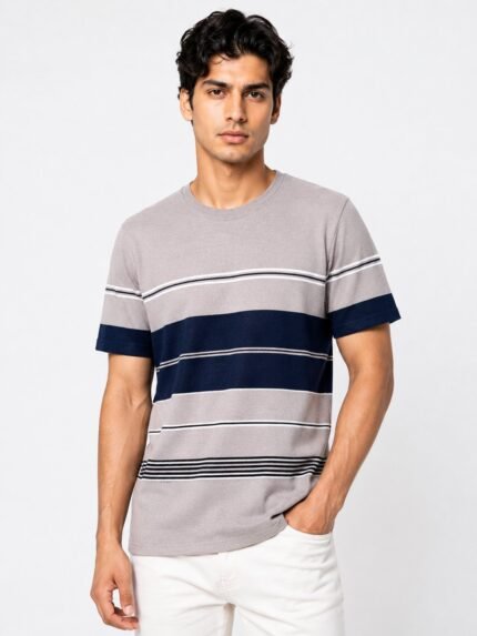 Cream Stripe Half Tshirt For Men Premium Casual