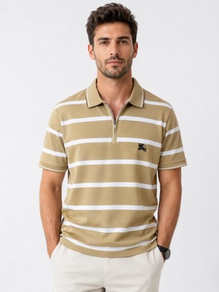 Trendy Cream Stripe Polo Half T-Shirt for Men Sophisticated