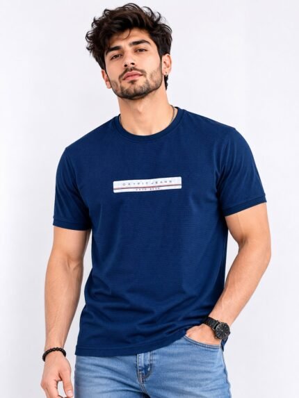 Plain Dark Blue Popcorn Half Tshirt for Men & Premium