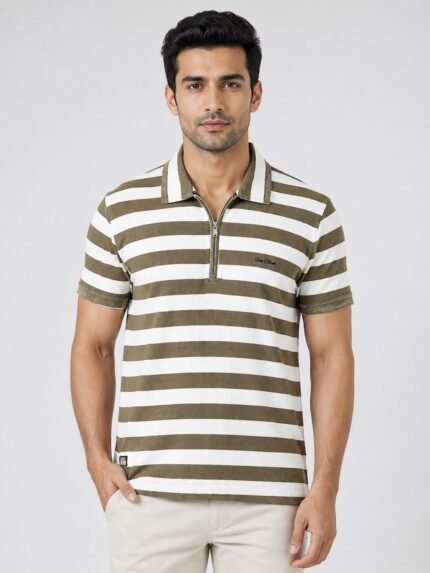 Cream Stripe Half Polo T-Shirt for Men Premium Imported