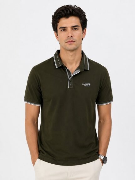Men's Dark Green Polo Tencel Lycra Half T-Shirt For Men