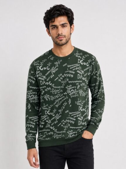 Men's Dark Green Printed Full T-Shirt - Premium Slim Fit
