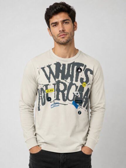 Cream Printed T-Shirt for Men Trendy Graphic Tees
