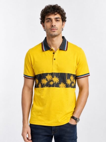 Yellow Printed Polo Half Sleeve T-Shirt for Men