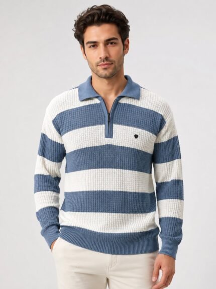 Trendy Ice Blue Stripe Full T-Shirt for Men