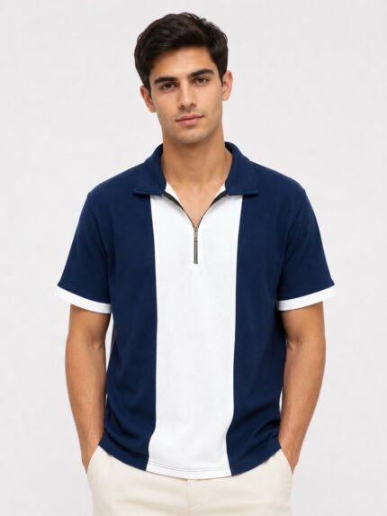 Classic Navy Blue Polo Zip Half T-Shirt Stylish & Comfortable