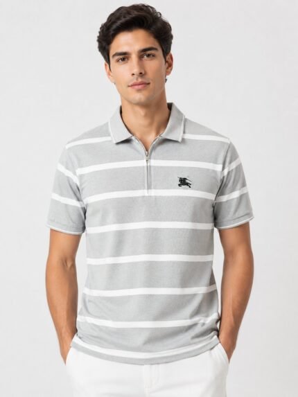 Trendy Lite Grey Stripe Polo Half T-Shirt for Men Minimalist