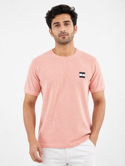 Pink Plain Popcorn Half Tshirt for Men Textured