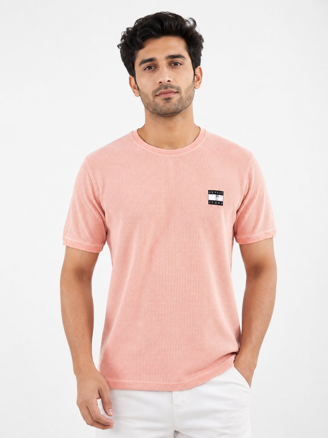 Pink Plain Popcorn Half Tshirt for Men Textured Pink Plain Popcorn Half Tshirt for Men Textured