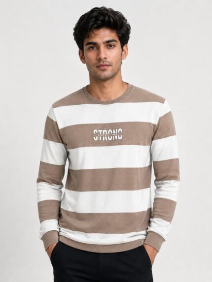 "Men's Dark Cream Stripe T-Shirt | Soft Cotton Regular Fit