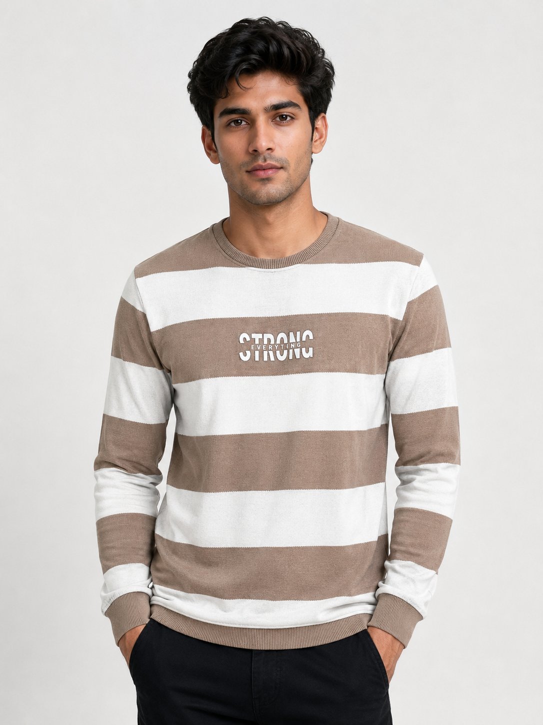 "Men's Dark Cream Stripe T-Shirt | Soft Cotton Regular Fit "Men's Dark Cream Stripe T-Shirt | Soft Cotton Regular Fit
