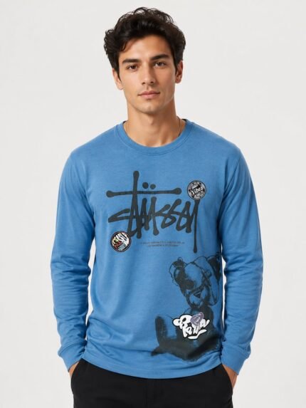 Trendy Glaucous Blue Printed Full T-Shirt for Men