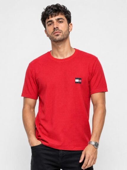 Red Plain Popcorn Half Tshirt for Men Textured