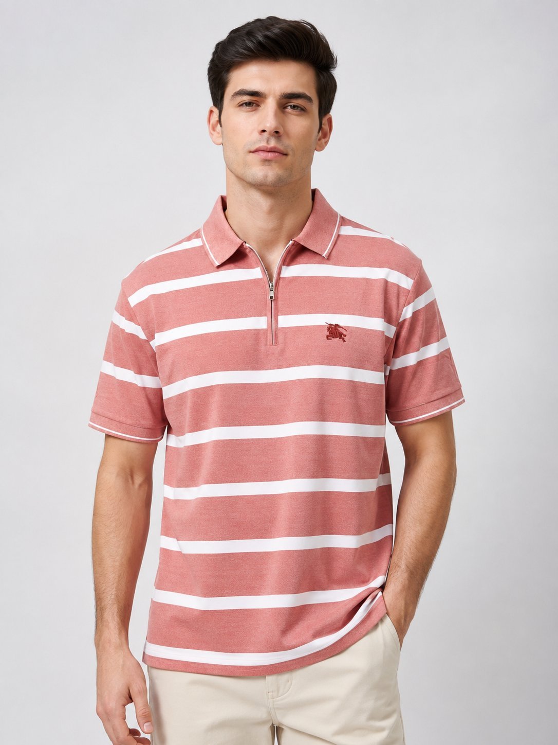 Classic Pink Stripe Polo Half T-Shirt for Men Classic Pink Stripe Polo Half T-Shirt for Men