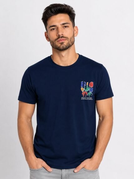 Trendy Navy Blue Back Print Half T-Shirt for Men