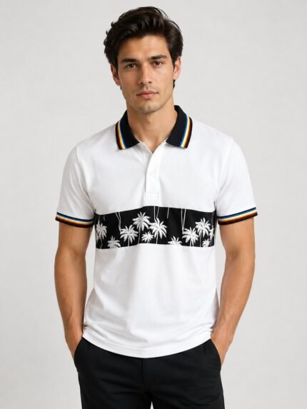 White Printed Polo Half Sleeve T-Shirt for Men