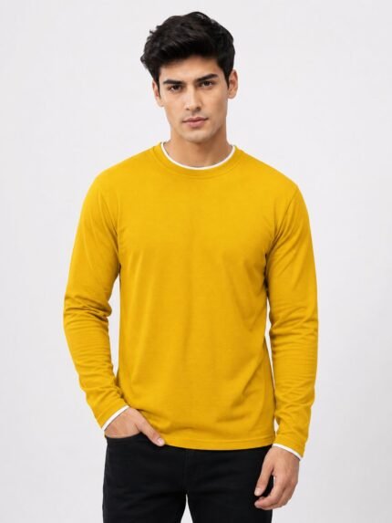 Men's Yellow Plain Popcorn Full Sleeve T-Shirt