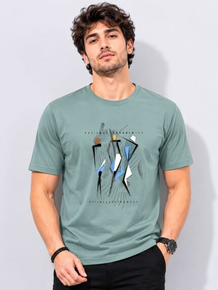 Stylish Lite Green Printed Half T-Shirt For Men