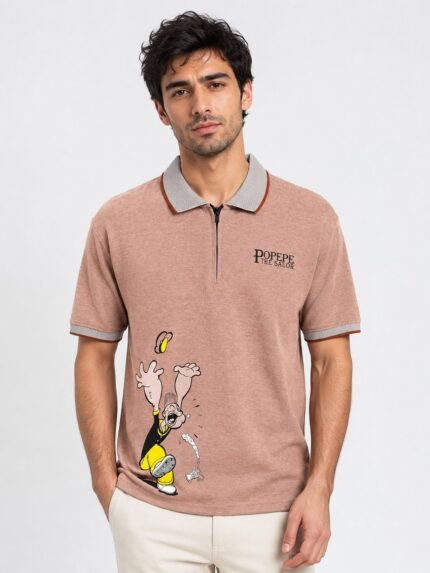 Peach Zip Polo Half T-Shirt for Men | Trendy Zip Neck