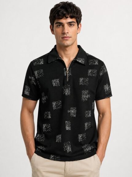 Printed Black Zip Polo Half T-Shirt Trendy Streetwear Style