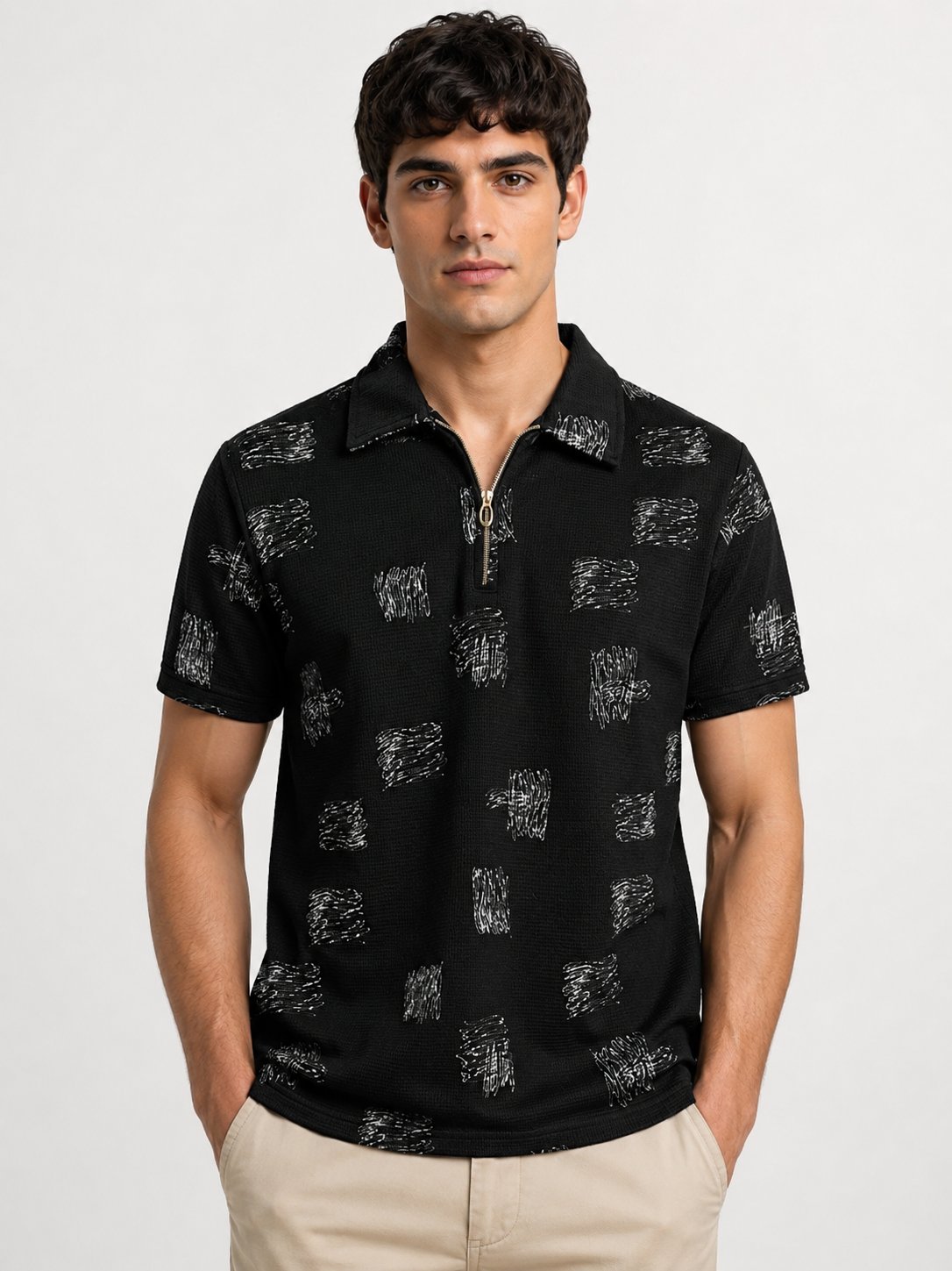 Printed Black Zip Polo Half T-Shirt Trendy Streetwear Style Printed Black Zip Polo Half T-Shirt Trendy Streetwear Style