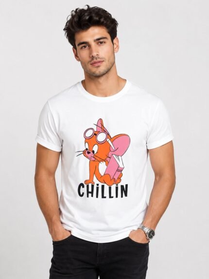 Classic White Half Cartoon Print T-Shirt Playful Casual Wear