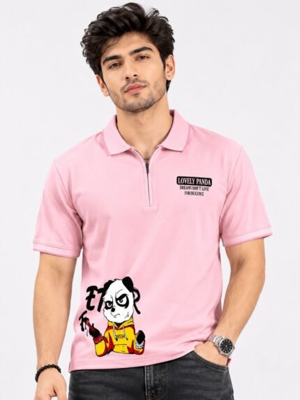 Stylish Baby Pink Zip Polo Printed Half T-Shirt Trendy Design