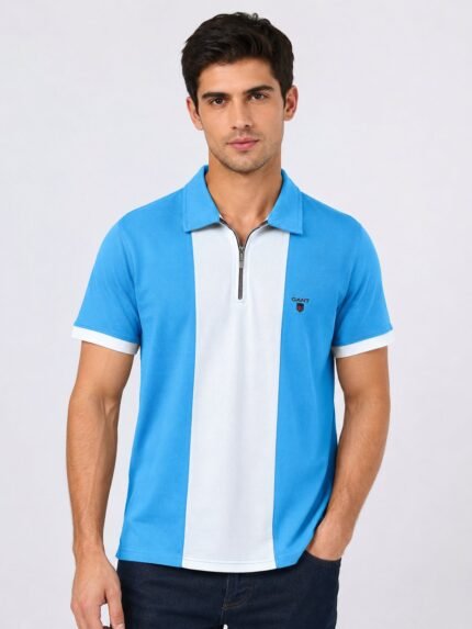 Classic Sky Blue Plain Zip Polo Half T-Shirt Premium Quality