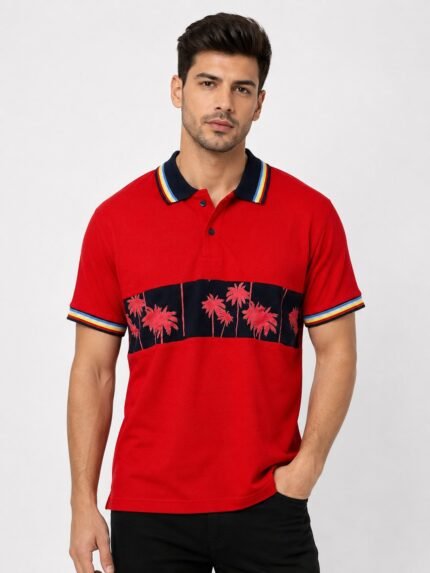 Red Printed Polo Half Sleeve T-Shirt for Men