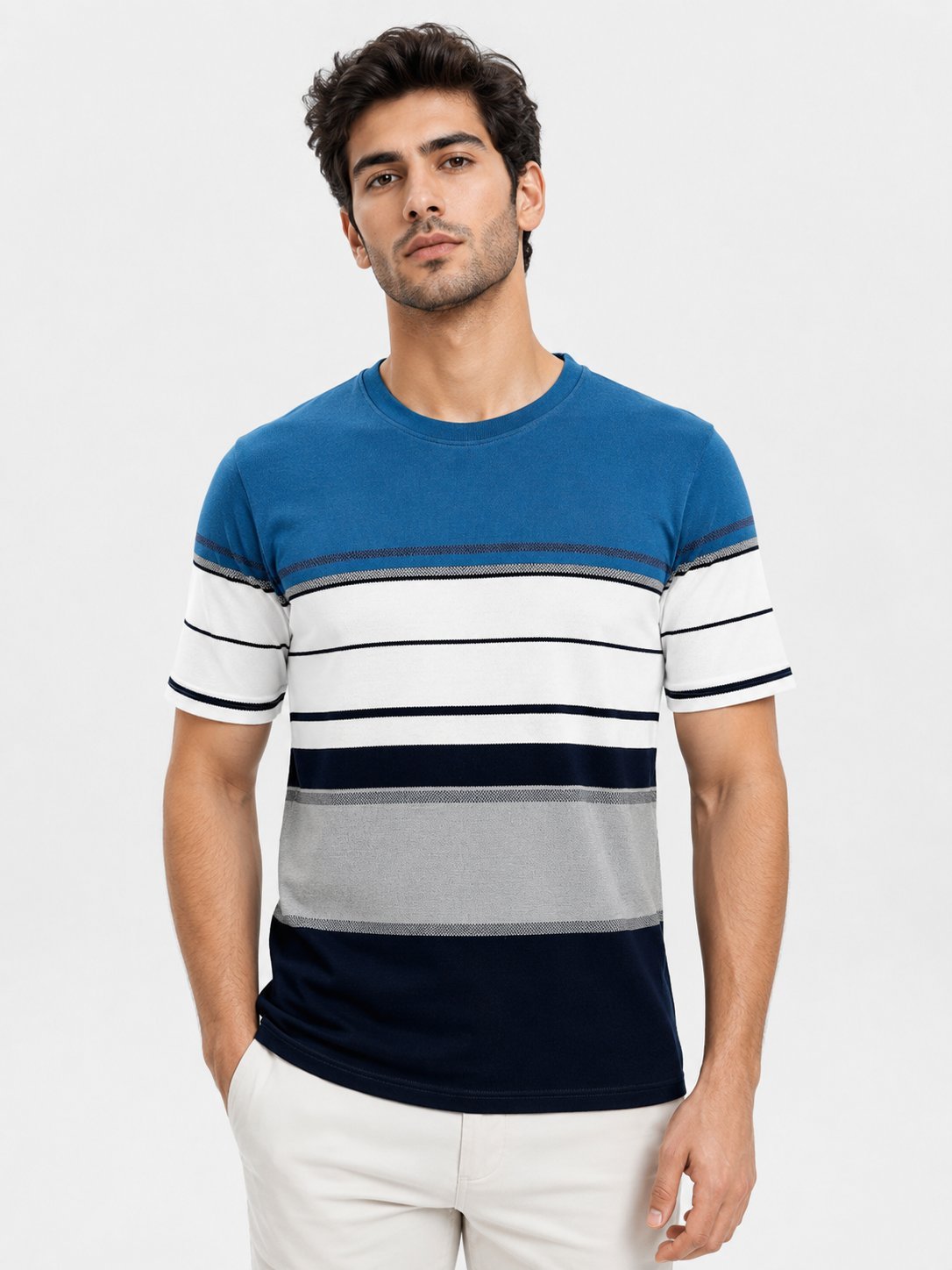 Blue Stripe Half Tshirt For Men Classic Casual Wear Blue Stripe Half Tshirt For Men Classic Casual Wear