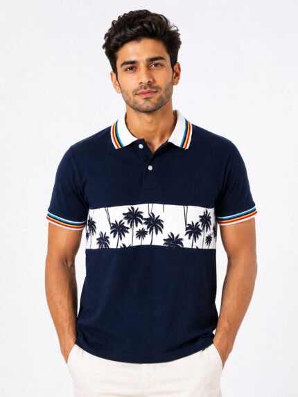 Navy Blue Printed Polo Half Sleeve T-Shirt for Men