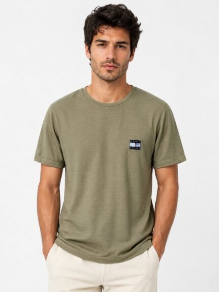 Olive Green Plain Popcorn Half Tshirt for Men Textured
