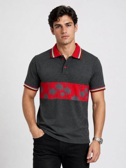Dark Grey Printed Polo Half Sleeve T-Shirt for Men