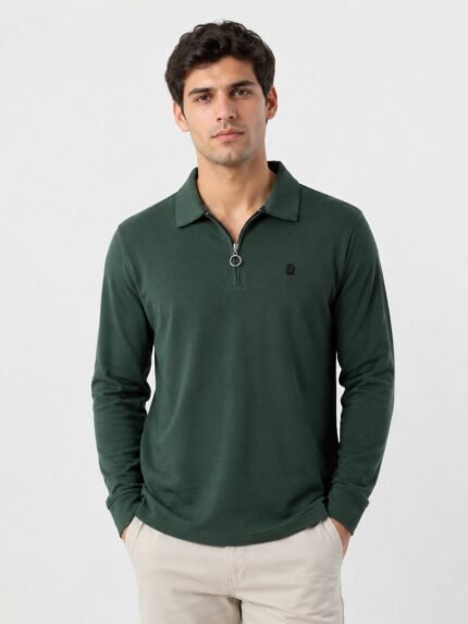 Dark Green Zip Polo Full T-Shirt