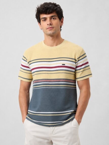 Stylish Cream Stripe Half Sleeve T-Shirt | Slim Fit