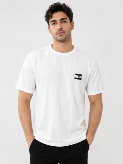 White Plain Half Popcorn Tshirt for Men Textured