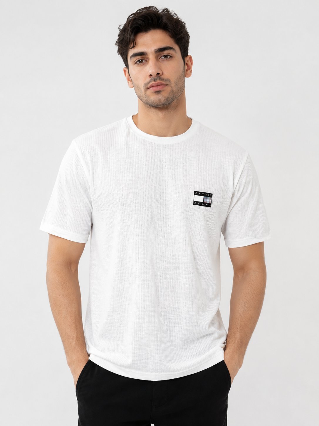 White Plain Half Popcorn Tshirt for Men Textured White Plain Half Popcorn Tshirt for Men Textured