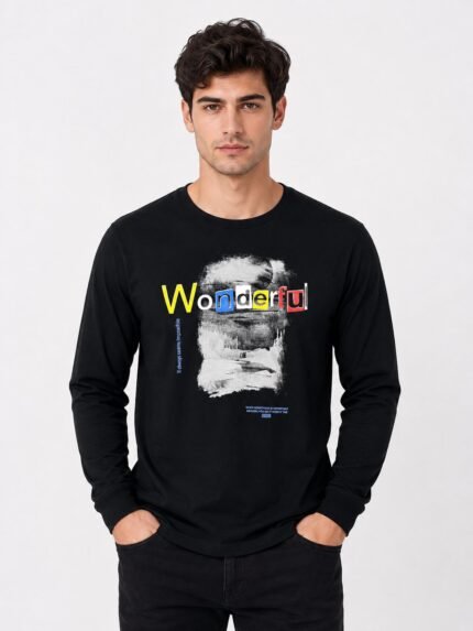 High-Contrast Design - Full Sleeve Printed Grey T-Shirt