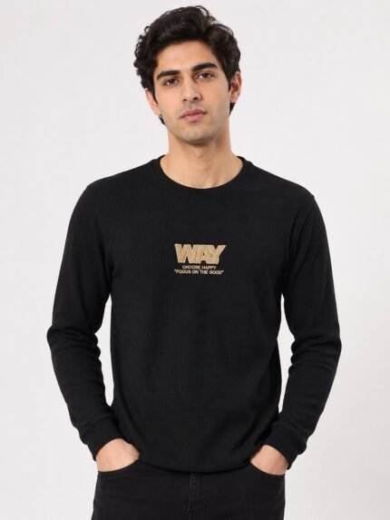 Black Printed Full Sleeve T-Shirt Trendy Graphic Tee