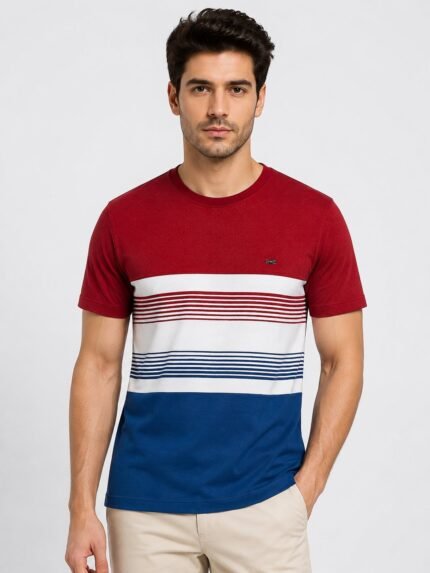 Classic Red & Blue Stripe Half T-Shirt for Men Vintage Style