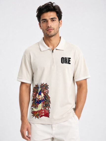 Basic Cream Zip Polo Half T-Shirt for Men | Minimalist Style