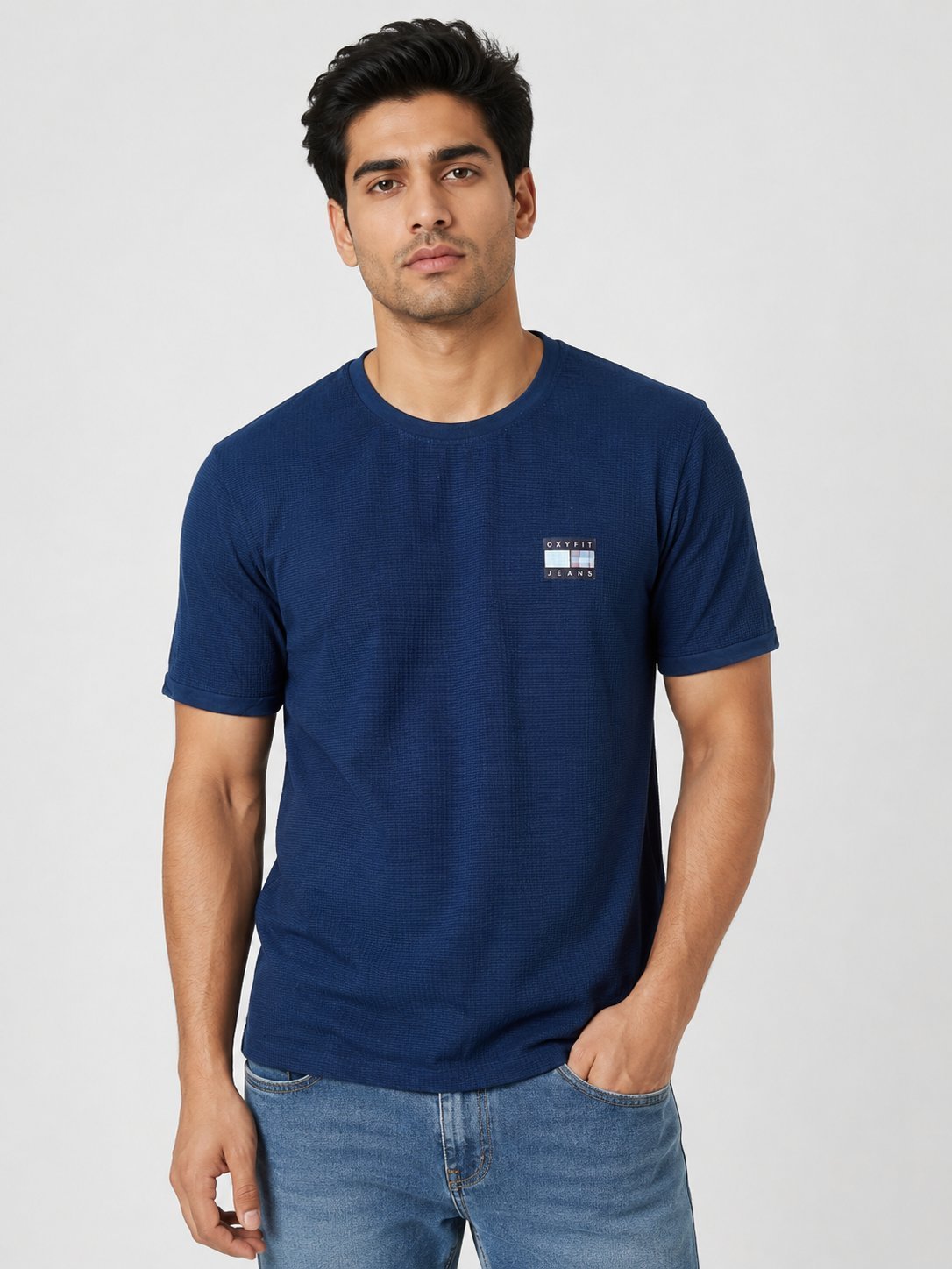 Navy Blue Plain Popcorn Half Tshirt for Men Navy Blue Plain Popcorn Half Tshirt for Men
